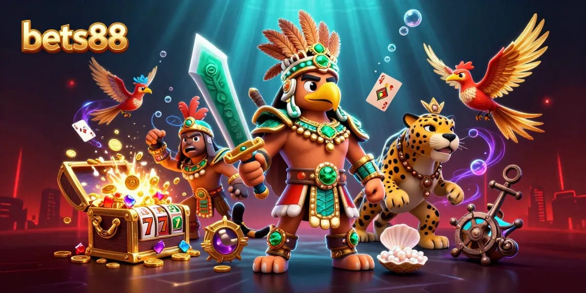 Bets88 immersive gaming scene featuring an Aztec warrior and slot elements amidst treasure.