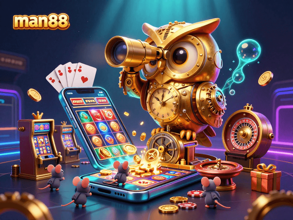 Play exciting games at man88 with vibrant casino elements featuring an owl and mice patrons.