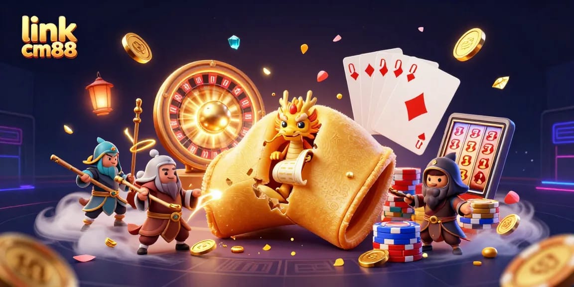Engage with link cm88's dynamic casino scene filled with fortune cookies, dragons, and gaming riches.