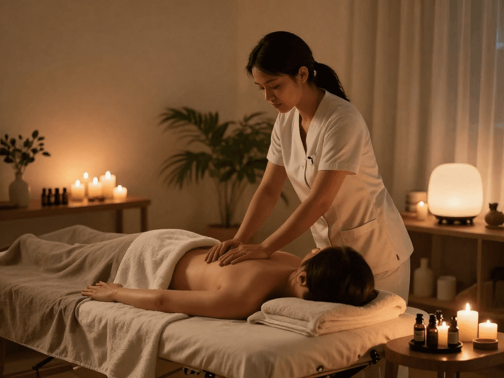출장마사지 session in a calming wellness environment with a therapist providing professional service.