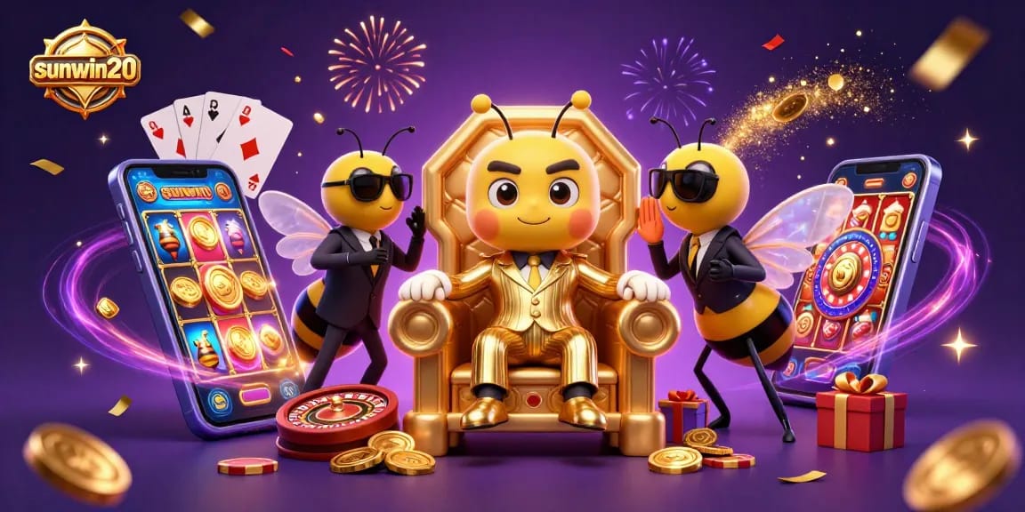 Experience the excitement of sunwin20 with a vibrant 3D scene of casino elements and characters.