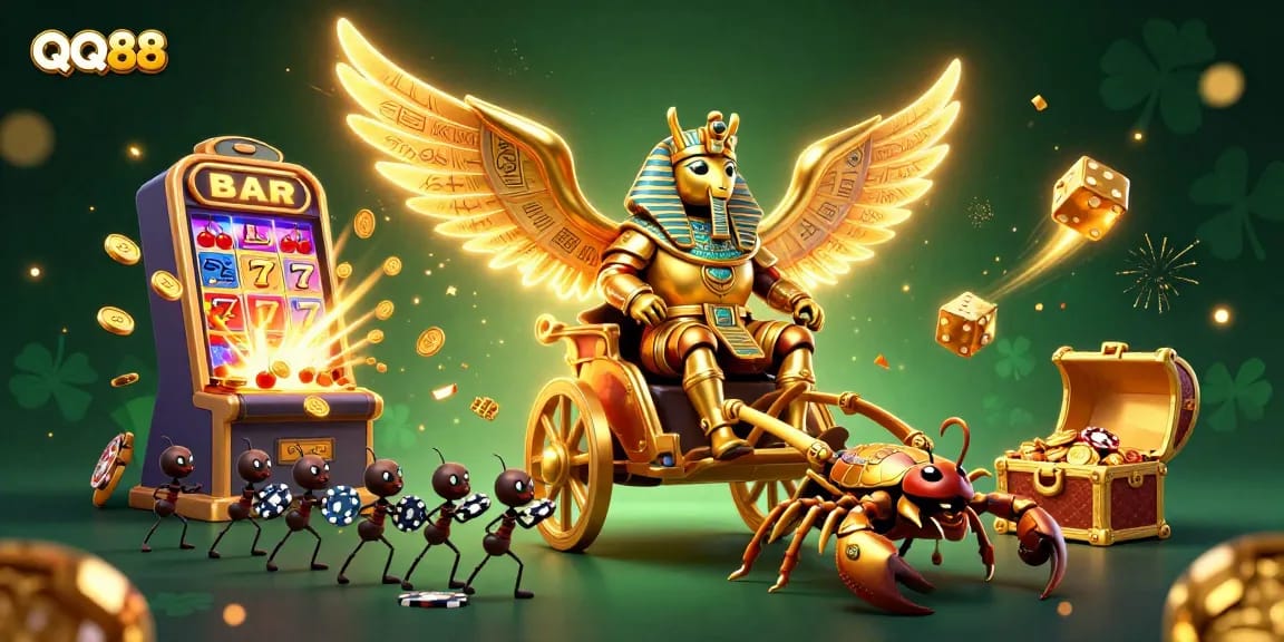 Enter the thrilling world of QQ88 with a dazzling 3D illustration showcasing vibrant casino elements.