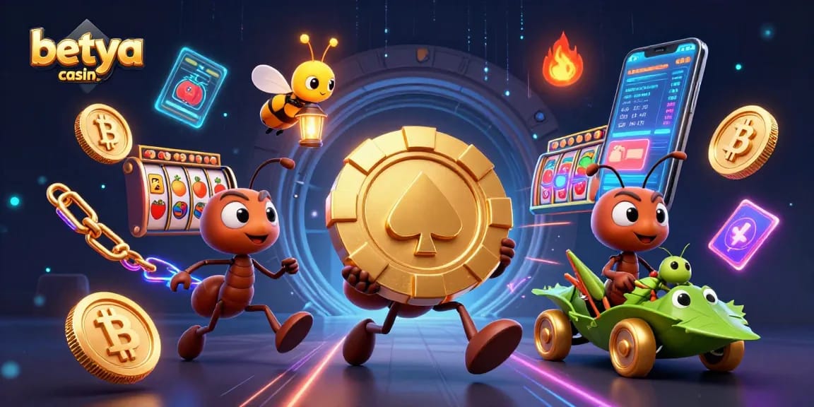 Betya casino is brought to life as a cartoon heist scene featuring ants and vibrant gaming elements.