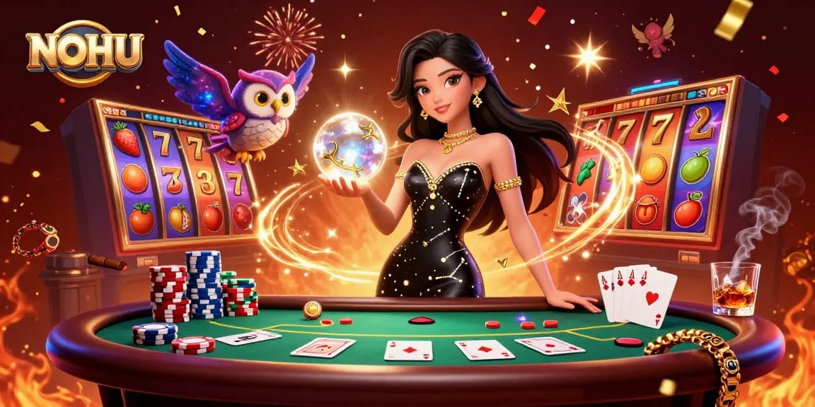 Experience the excitement of NOHU gaming with vibrant slot reels and characters in a captivating casino scene.