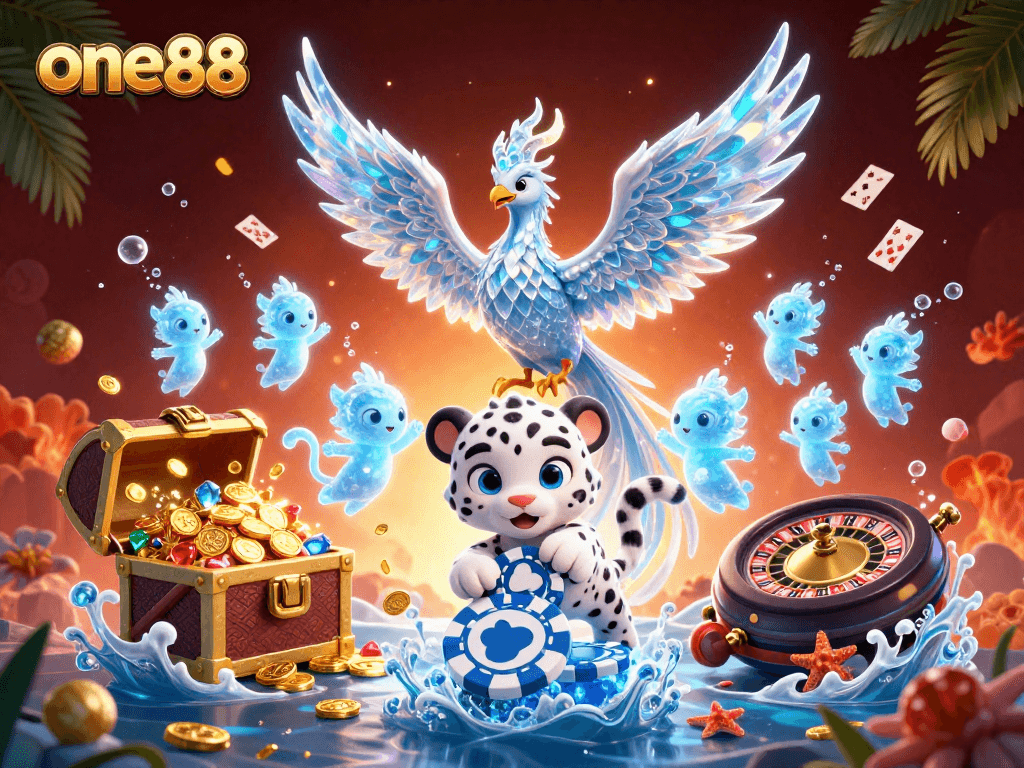 Experience exciting slots and live casino action with one88's dynamic 3D illustration, highlighting vibrant gaming elements.
