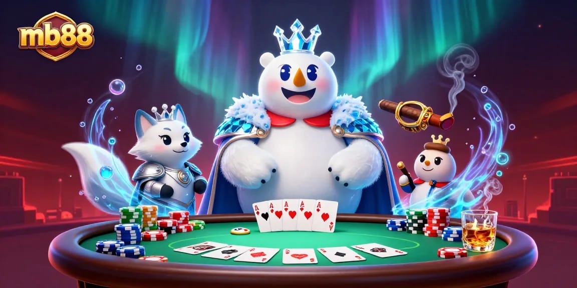 mb88 players enjoy lively poker action with a 3D polar bear and snow fox at the center.