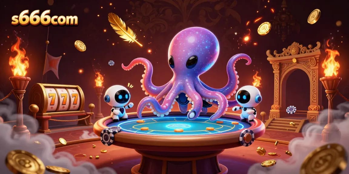 S667com showcases an alien octopus engaging with holographic casino elements, highlighting modern gaming.