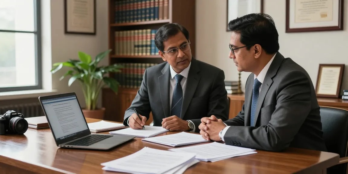 Criminal lawyer consulting with client, showcasing additional info about legal services in a professional office.
