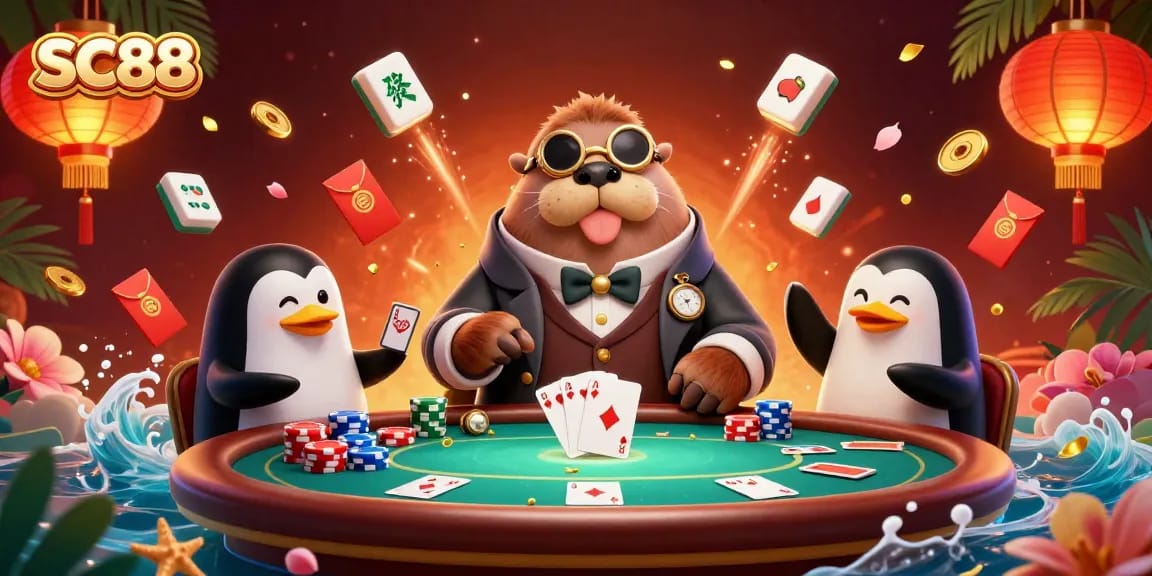 SC88 showcases a jolly walrus playing poker with a sophisticated dealer, featuring vibrant gambling elements.