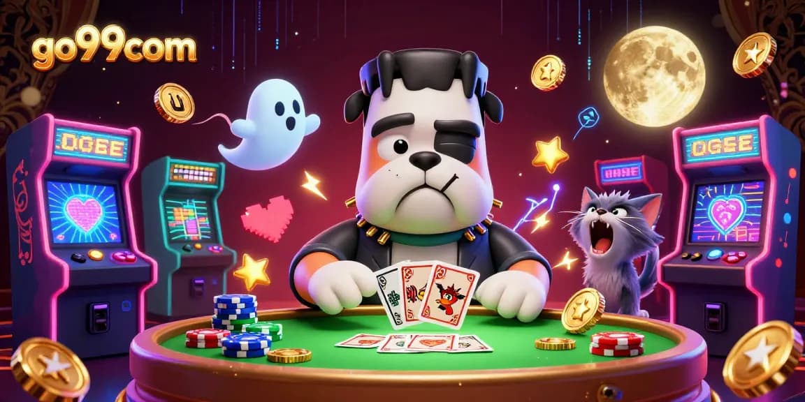 Engage with go99com at a vibrant online casino scene featuring characters dealing cards and winning