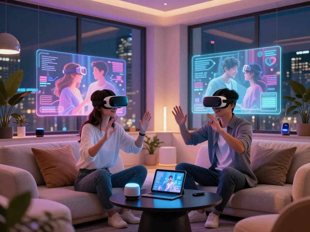Couple experiencing ai sex through virtual reality technology in a modern urban setting.