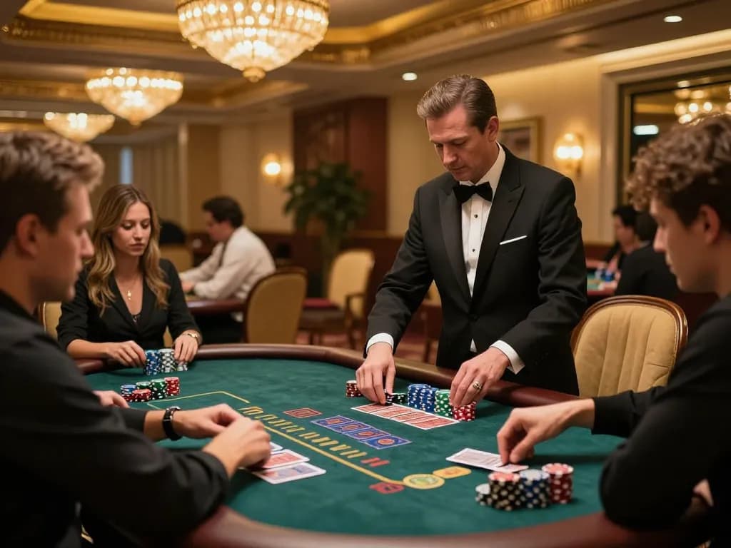 Engaged players at trang chủ llwin blackjack table strategizing their bets in a luxurious casino setting.