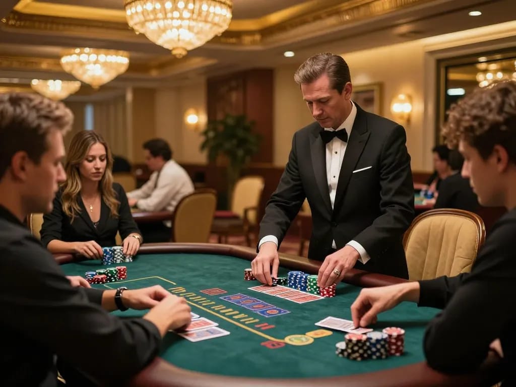 Engaged players at trang chủ llwin blackjack table strategizing their bets in a luxurious casino setting.