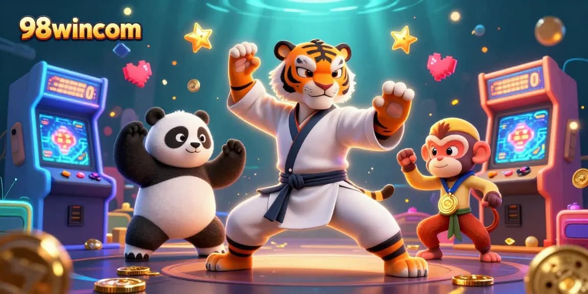 98wincom showcases a colorful casino scene with playful characters in 3D illustration.