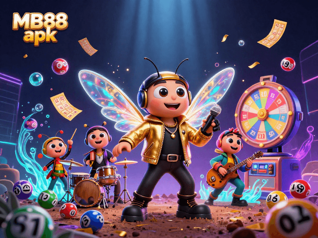 Engage in spectacular wins with MB88 apk featuring a vibrant 3D casino scene filled with colorful lottery elements.