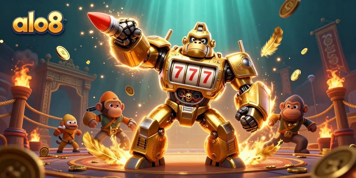 Experience thrills at alo8 with a dynamic 3D illustration of a golden gorilla mech surrounded by gambling elements.