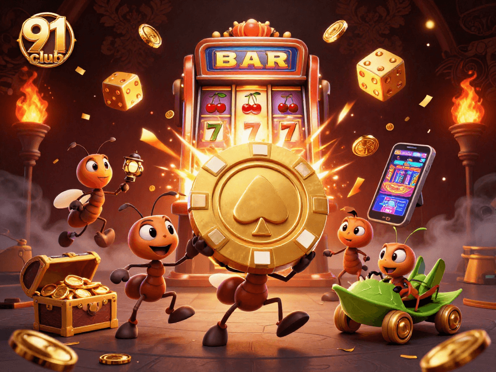Engage with the thrilling 91 club scene featuring ants in a heist with golden chips and casino symbols.