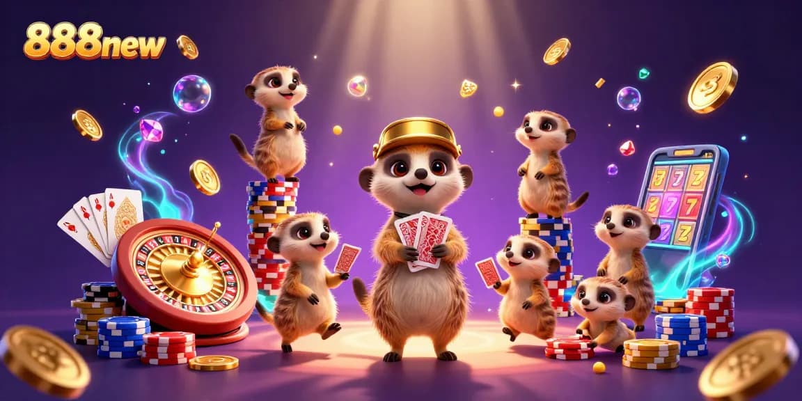 Exciting 888new casino scene with meerkats playing, cascading coins, and vibrant dynamic elements.
