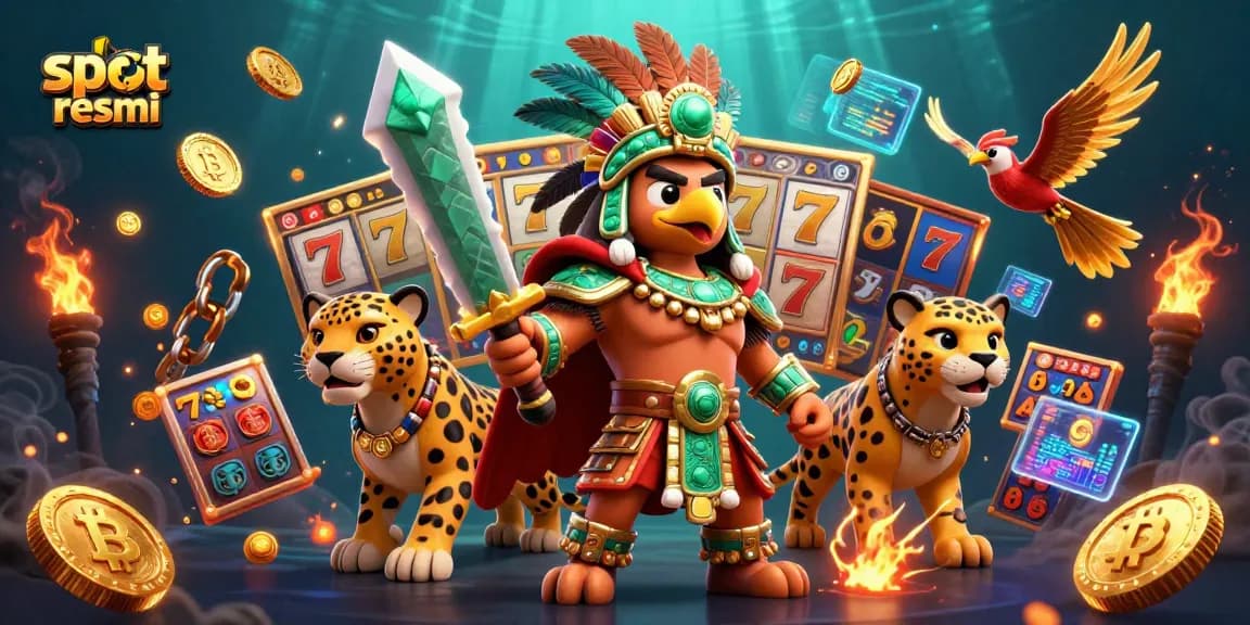 Experience excitement with slot resmi, featuring Aztec characters amidst coins and slot elements.