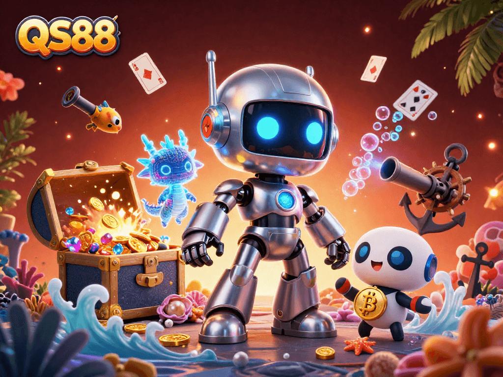 Experience thrilling online gaming with QS88’s vibrant 3D casino scene bursting with action and rich visuals.