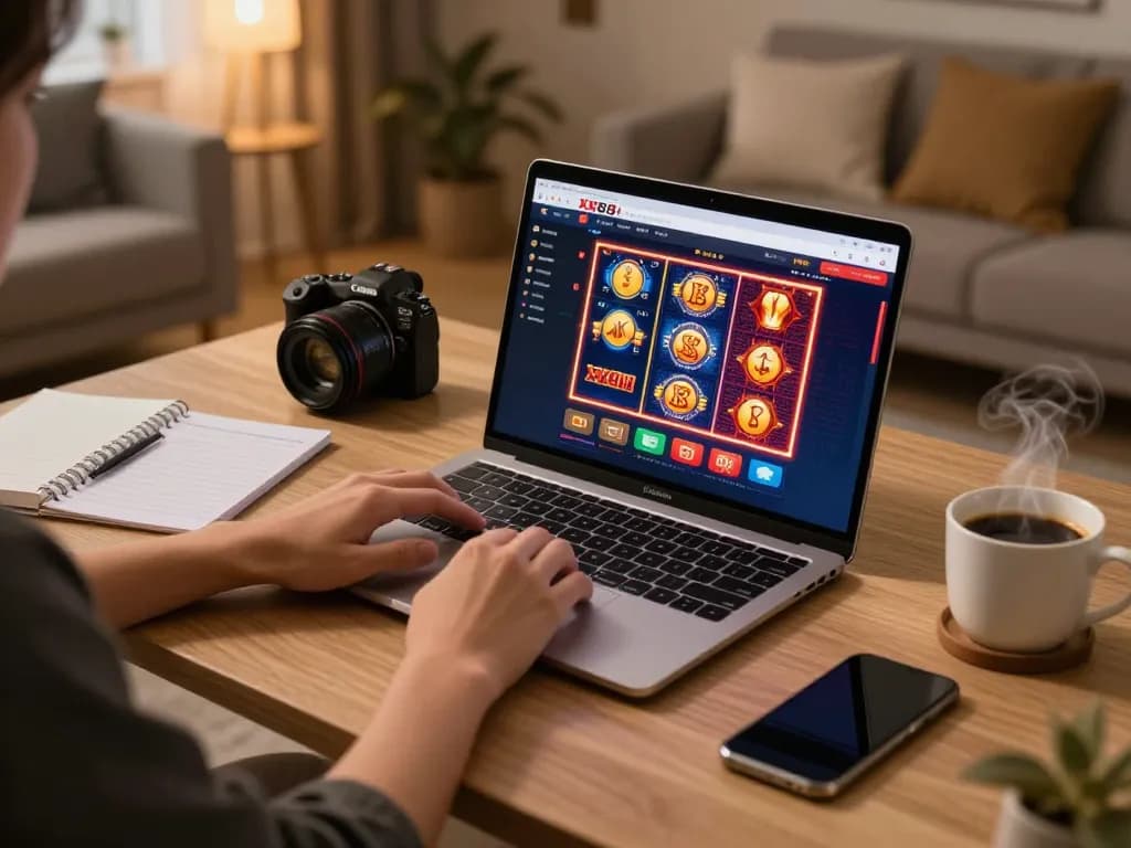 Online casino gameplay on xx88 platform with player engaged on laptop in cozy space
