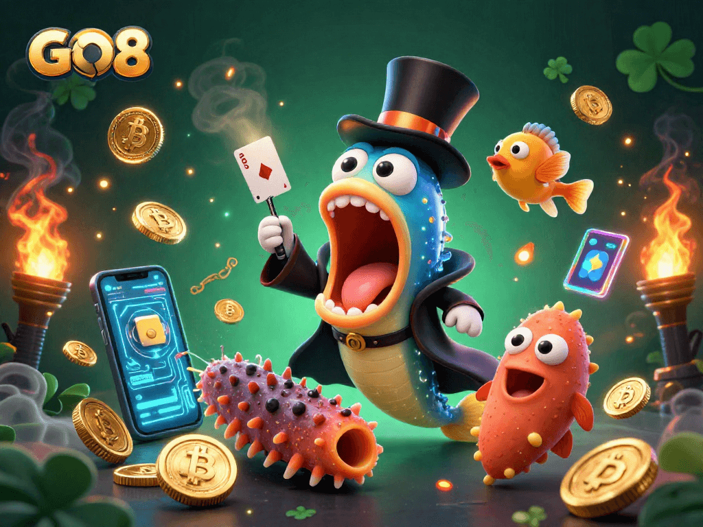 Join GO8 for thrilling card tricks and vibrant crypto elements in a captivating underwater magic scene.