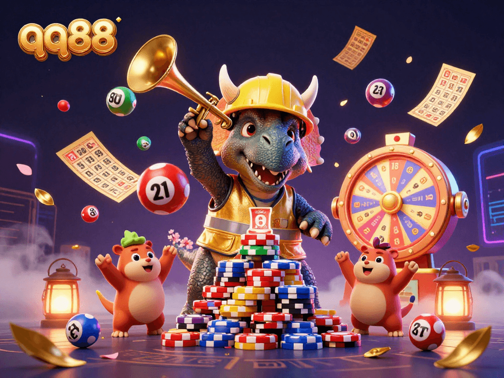 qq88 celebrates with a triceratops and lottery elements in a vibrant casino scene