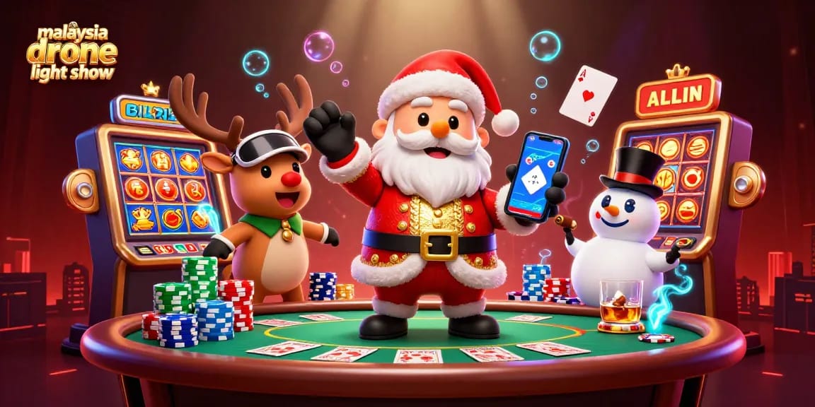 Experience the malaysia drone light show with Santa and friends in a vibrant casino adventure.