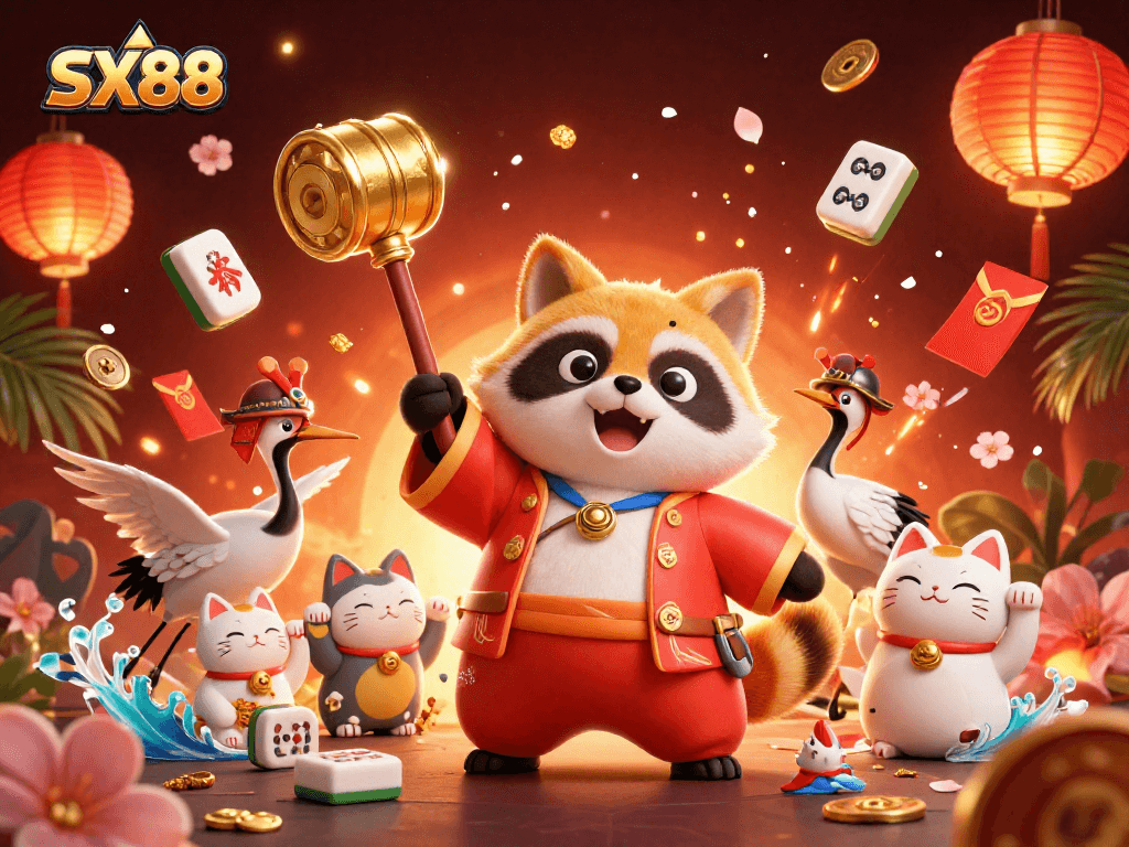 SX88 offers dynamic gaming experiences as the cheerful tanuki celebrates with lucky symbols in a vibrant casino setting.