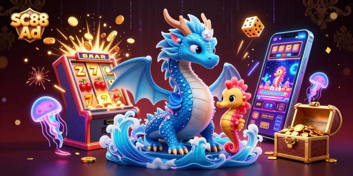 Win big with SC88 Ad featuring a vibrant casino scene with dazzling characters and game elements.