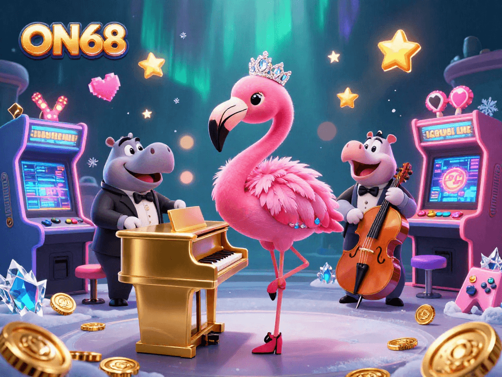 Experience the vibrant ON68 casino scene with a stylish flamingo and a hippo creating musical magic.