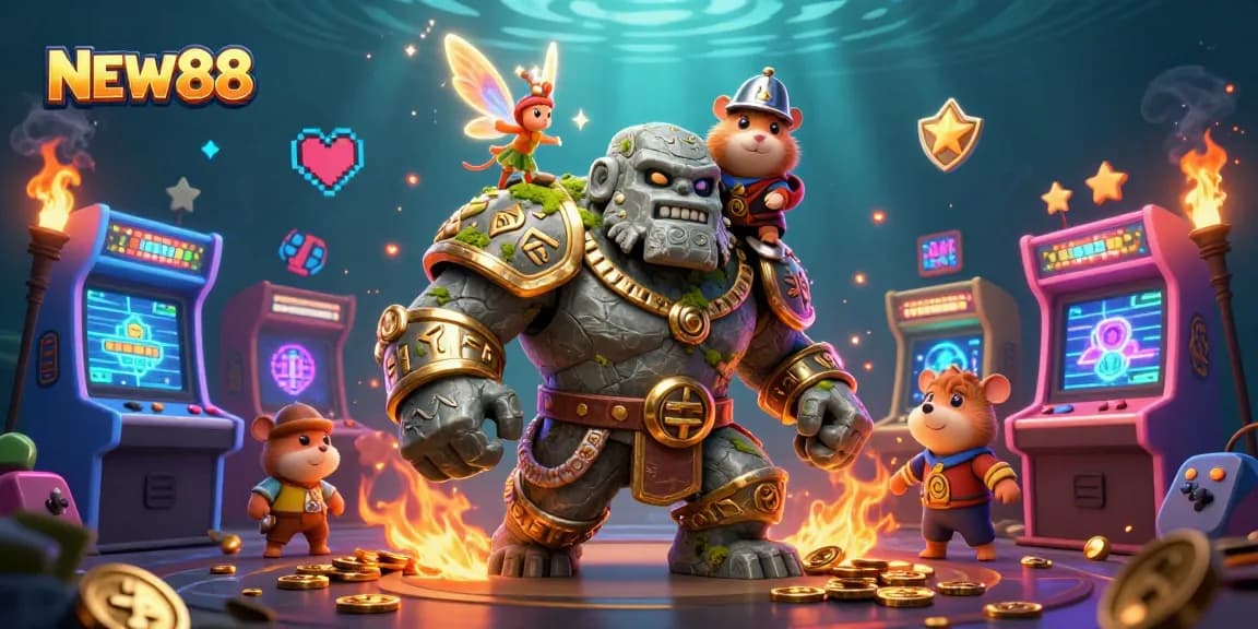 Experience the thrill of NEW88 as a golem guardian, fairy, and hamster knight embark on a magical casino adventure.
