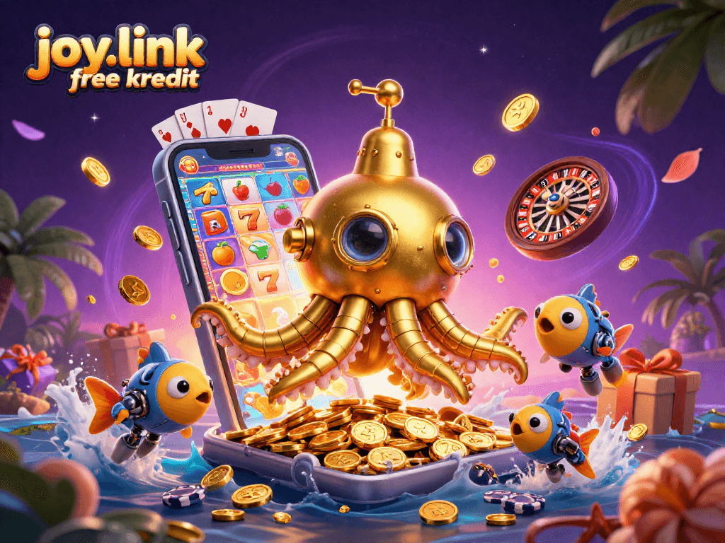 Play thrilling slots using joy.link free kredit with a golden kraken submarine amidst coins and game elements.