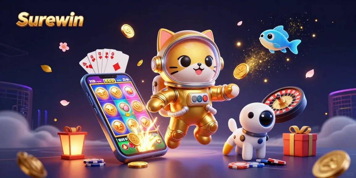 Surewin slots bursting with golden coins as a cartoon cat in space explores a galaxy of games.