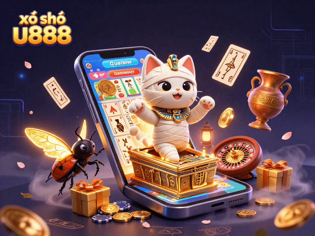 Experience the thrill of xổ số u888 with vibrant lottery game visuals and Egyptian-themed characters.