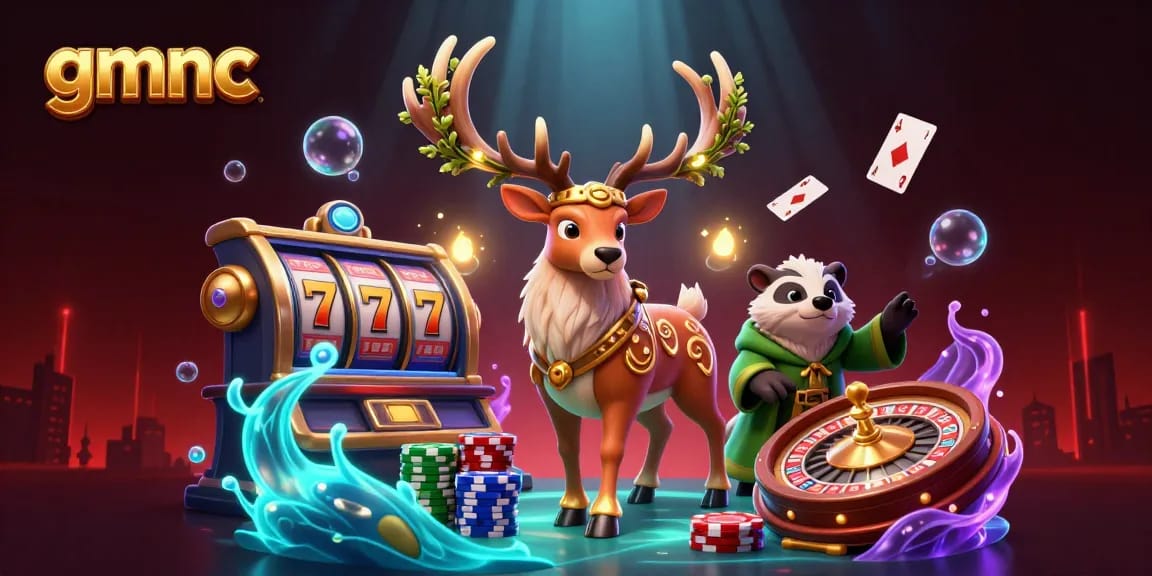 Engage with gmnc's casino insights through a colorful illustration of druid and wise badger amidst vibrant game elements.