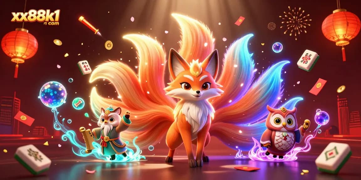 Bet on winning strategies at xx88k1 com with vibrant gaming elements and cartoon fox spirit.