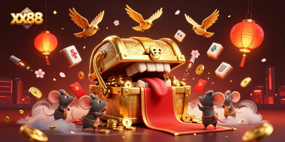 Experience exhilarating gaming at xx88 with a cartoon treasure chest enticing adventurers amid colorful casino elements.