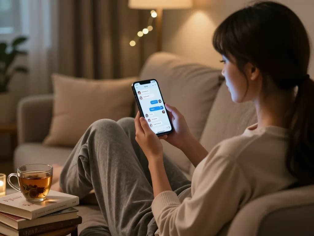 Engaging 18+ ai chatbot conversation in a cozy home setting.