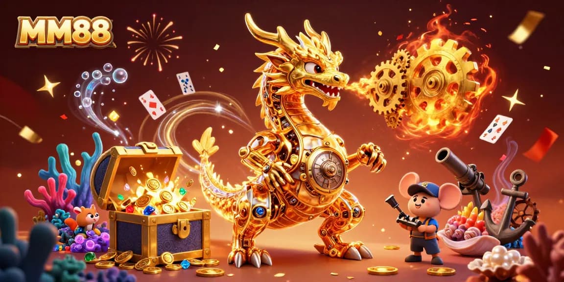 Experience thrill at MM88 with a golden dragon revealing magical treasures in this vibrant casino scene.