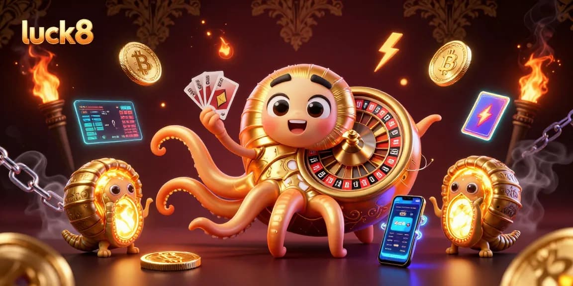 Experience luck8 with a vibrant casino scene showcasing a giant nautilus and golden lottery elements.