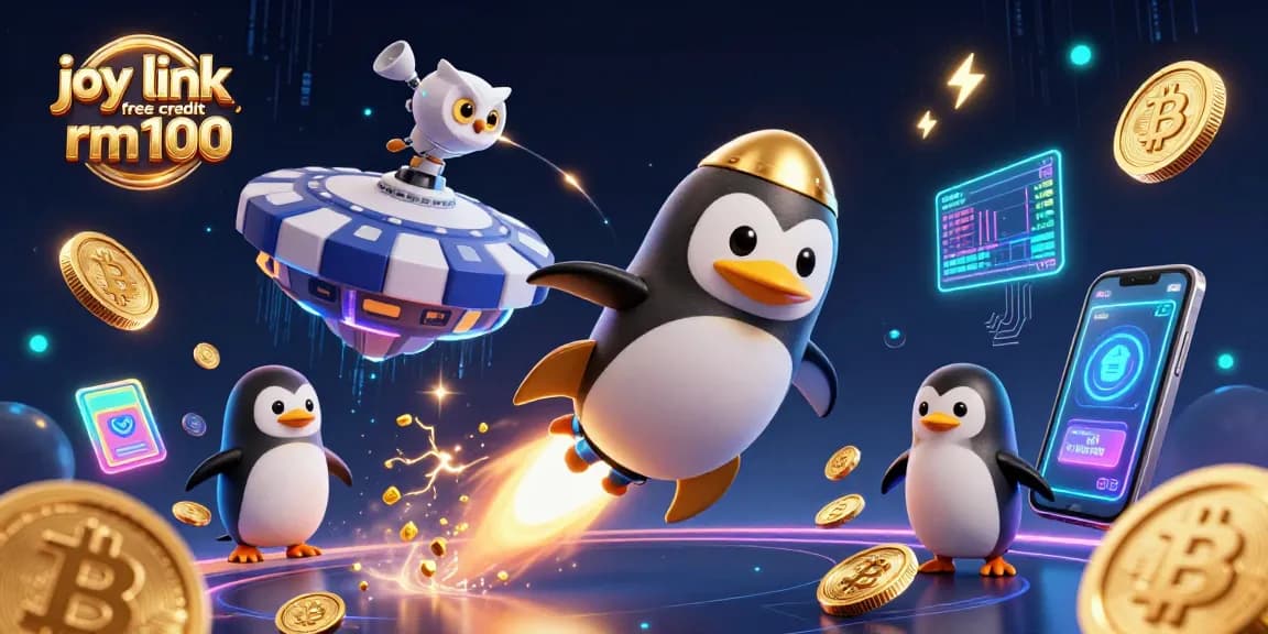 Engage with joy link free credit rm100 in a vibrant casino space scene with golden penguins and crypto elements.