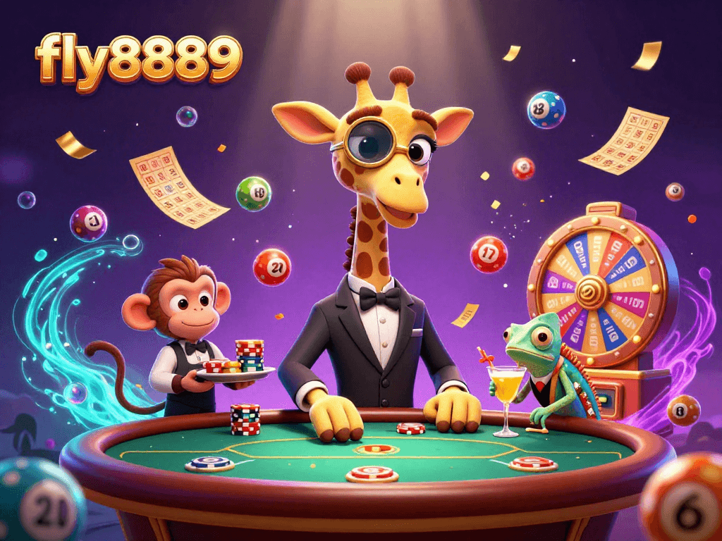Witness the excitement of fly8889 as a giraffe high-roller enjoys VIP poker surrounded by lively lottery elements.