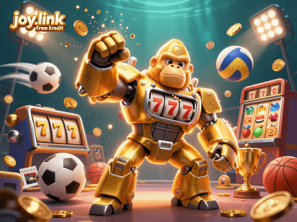 Engage with joy.link free kredit in a dynamic scene featuring a golden gorilla mech amid thrilling gambling elements.