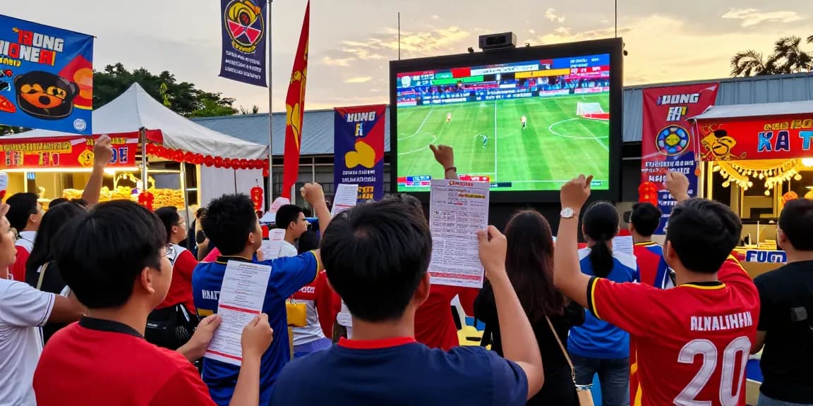 Football betting Malaysia scene with fans celebrating in outdoor setting, vibrant atmosphere showing live match and betting activity.