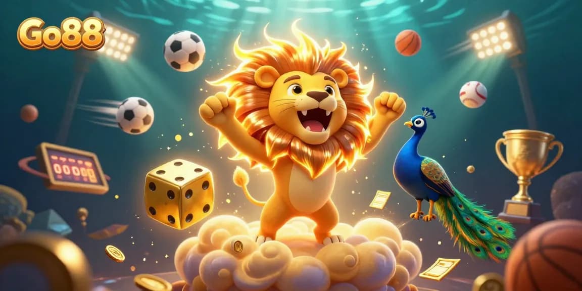 Go88 showcases a vibrant winning scene with animated characters and sports elements in a dynamic casino setting.