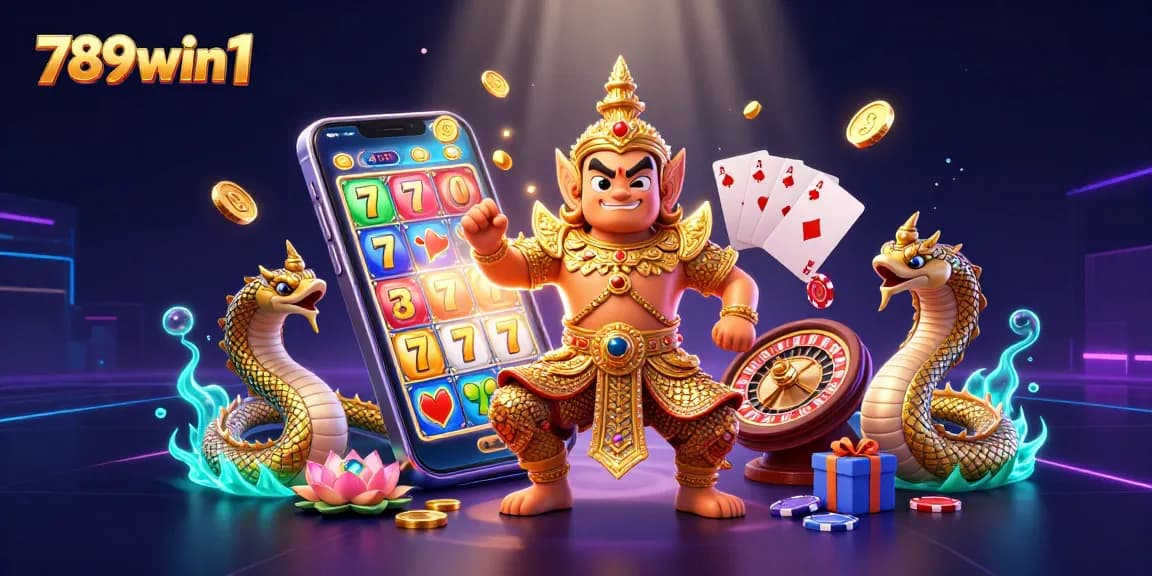 Engage with the 789win1 vibrant casino scene featuring a Thai temple guardian and interactive slot gameplay.
