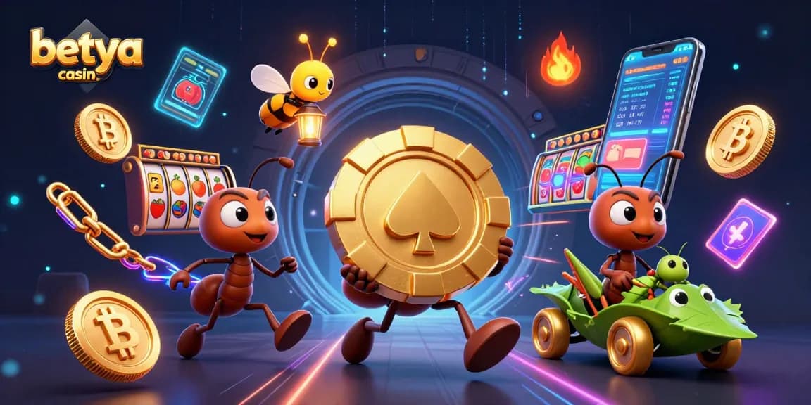Betya casino is brought to life as a cartoon heist scene featuring ants and vibrant gaming elements.