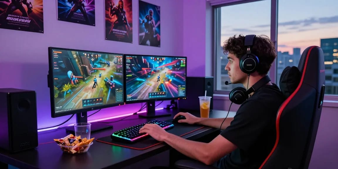 Gamer engaged in an SC88 gaming session with vibrant monitors and RGB lighting in a modern lounge.