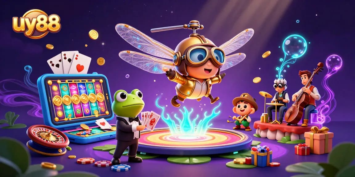 Experience the thrill of uy88 with its vibrant casino scene featuring a dragonfly pilot and frog dealer.